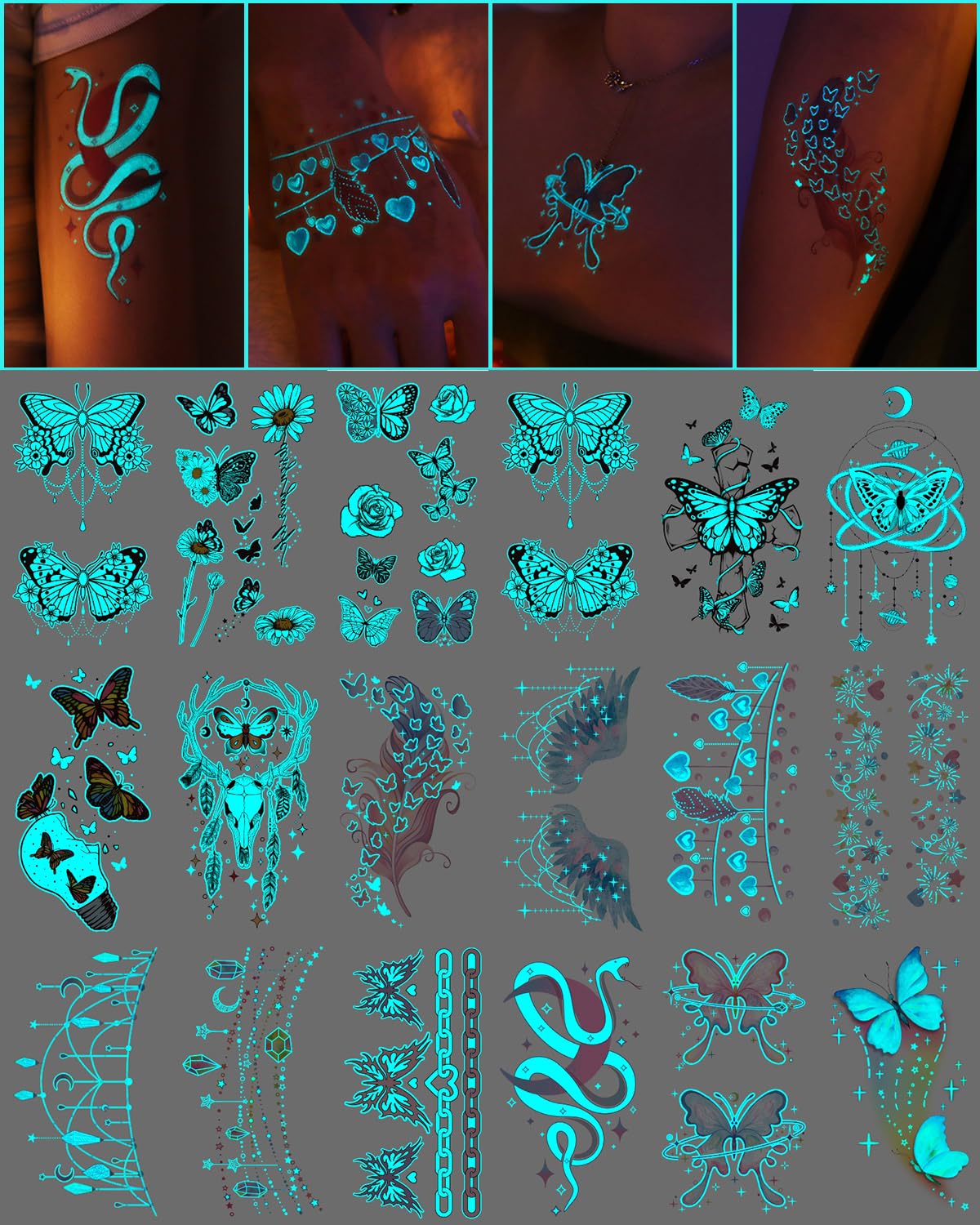 MAYCREATE® 20 Sheets Temporary Tattoos for Women Girls Glow In The Dark Butterfly Tattoo Stickers Luminous Flower Wings Fake Tattoo Sticker Art Makeup Waterproof for Face, Body Arm, Party Favors MAYCREATE® 20 Sheets Temporary Tattoos for Women Girls Glow In The Dark Butterfly Tattoo Stickers Luminous Flower Wings Fake Tattoo Sticker Art Makeup Waterproof for Face, Body Arm, Party Favors